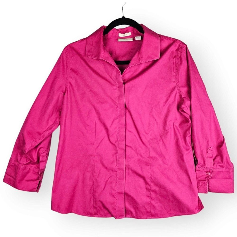 Chicos 1 Women 8 Medium Step Hem No Iron Button Up Pink Stain Shield 3/4 Sleeve